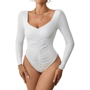 imageBlooming Jelly Womens Black Long Sleeve Bodysuit Ruched Sexy One Piece Bodysuit Going Out Ribbed Bodysuits 2023White