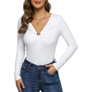 imageBlooming Jelly Womens Long Sleeve Bodysuit V Neck Sexy Tops Slimming Body Suits Clothes 2023White