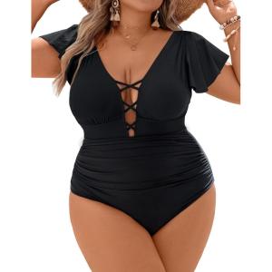 imageBlooming Jelly Womens Plus Size One Piece Swimsuit Tummy Control Bathing Suit Cute V Neck Maternity SwimwearBlack