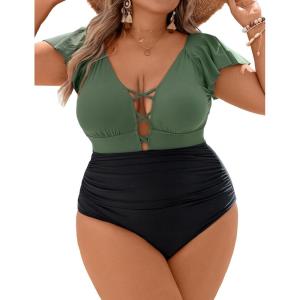 imageBlooming Jelly Womens Plus Size One Piece Swimsuit Tummy Control Bathing Suit Cute V Neck Maternity SwimwearBlack and Army Green