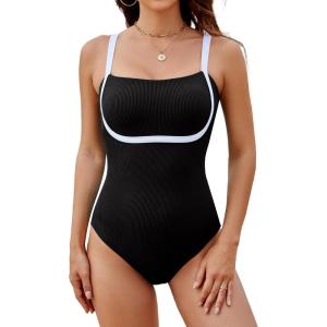 imageBlooming Jelly Womens One Piece Swimsuit Modest Bathing Suit Color Block Ribbed Swim Suit Slimming Square Neck SwimwearBlack