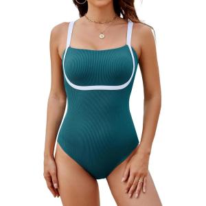 imageBlooming Jelly Womens One Piece Swimsuit Modest Bathing Suit Color Block Ribbed Swim Suit Slimming Square Neck SwimwearDark Cyan