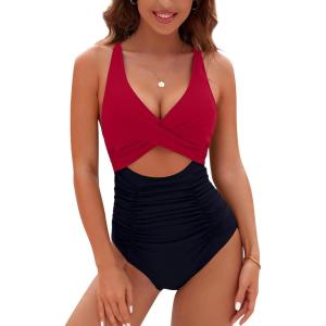 imageBlooming Jelly Womens One Piece Swimsuits Push Up Tummy Control Bathing Suit Cutout Ruched Slimming Swim Suits 2025Dark Red