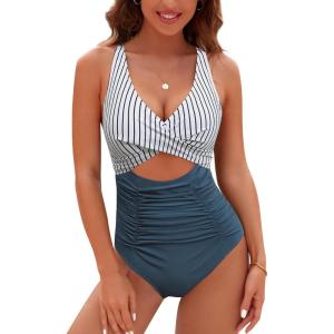 imageBlooming Jelly Womens One Piece Swimsuits Push Up Tummy Control Bathing Suit Cutout Ruched Slimming Swim Suits 2025Striped Blue