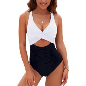 imageBlooming Jelly Womens One Piece Swimsuits Push Up Tummy Control Bathing Suit Cutout Ruched Slimming Swim Suits 2025White  Black