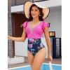 imageBlooming Jelly Womens Tummy Control Bathing Suits Slimming Ruffle Swimsuit One Piece Lace SwimwearRose Red and Floral