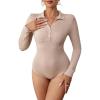 imageBlooming Jelly Womens Bodysuits Sexy Ribbed One Piece Collar V Neck Button Long Sleeve Bodysuit TopsKhaki