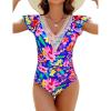 imageBlooming Jelly Womens Tummy Control Bathing Suits Slimming Ruffle Swimsuit One Piece Lace SwimwearRomantic Floral Print