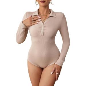 imageBlooming Jelly Womens Bodysuits Sexy Ribbed One Piece Collar V Neck Button Long Sleeve Bodysuit TopsKhaki
