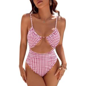 imageBlooming Jelly Womens One Piece Swimsuit Tummy Control Bathing Suit Sexy Flattering Cheeky High Cut Out Cute Ladies SwimwearRed Gingham