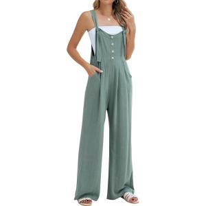 imageBlooming Jelly Womens Wide Leg Casual Jumpsuits Linen Loose Fit Overalls Flowy Sleeveless Bib OutfitsGreen