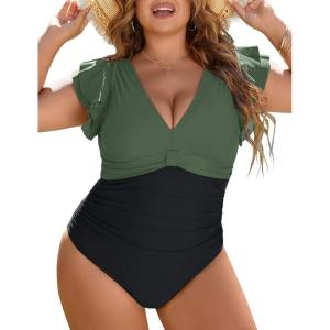 imageBlooming Jelly Womens Plus Size Swimsuit One Piece Tummy Control Bathing Suit Modest Full Coverage Ruffle Swim SuitsArmy Green and Black