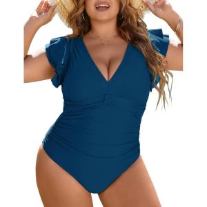 imageBlooming Jelly Womens Plus Size Swimsuit One Piece Tummy Control Bathing Suit Modest Full Coverage Ruffle Swim SuitsBlue