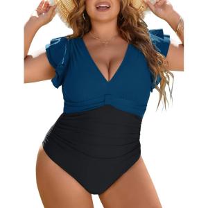imageBlooming Jelly Womens Plus Size Swimsuit One Piece Tummy Control Bathing Suit Modest Full Coverage Ruffle Swim SuitsBlue and Black