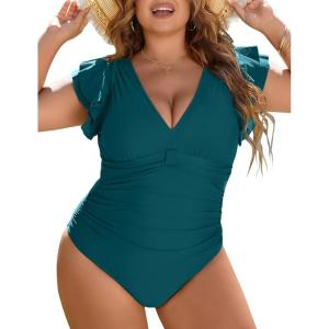 imageBlooming Jelly Womens Plus Size Swimsuit One Piece Tummy Control Bathing Suit Modest Full Coverage Ruffle Swim SuitsDark Cyan