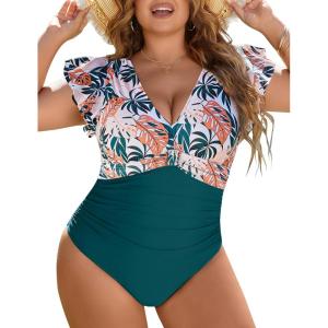 imageBlooming Jelly Womens Plus Size Swimsuit One Piece Tummy Control Bathing Suit Modest Full Coverage Ruffle Swim SuitsFloral Print and Dark Cyan