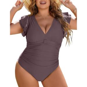imageBlooming Jelly Womens Plus Size Swimsuit One Piece Tummy Control Bathing Suit Modest Full Coverage Ruffle Swim SuitsGreylish Purple