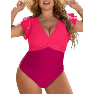 imageBlooming Jelly Womens Plus Size Swimsuit One Piece Tummy Control Bathing Suit Modest Full Coverage Ruffle Swim SuitsRose Red and Purplish Red