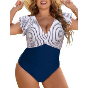 imageBlooming Jelly Womens Plus Size Swimsuit One Piece Tummy Control Bathing Suit Modest Full Coverage Ruffle Swim SuitsStripe and Blue