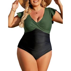 imageBlooming Jelly Womens Plus Size Swimsuit One Piece Tummy Control Bathing Suit V Neck Ruched Modest SwimwearArmy Green and Black