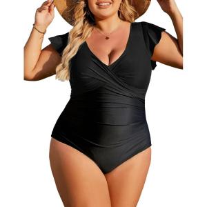 imageBlooming Jelly Womens Plus Size Swimsuit One Piece Tummy Control Bathing Suit V Neck Ruched Modest SwimwearBlack