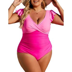 imageBlooming Jelly Womens Plus Size Swimsuit One Piece Tummy Control Bathing Suit V Neck Ruched Modest SwimwearPink and Hot Pink