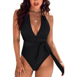 imageBlooming Jelly Womens Sexy One Piece Bathing Suit Slimming High Cut Swimsuits Retro Halter V Neck MonokiniBlack