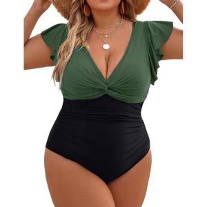 imageBlooming Jelly Womens Tummy Control Bathing Suit One Piece Plus Size Swimsuits Lace Up Back Ruffle Swim Suits 2025Black Green