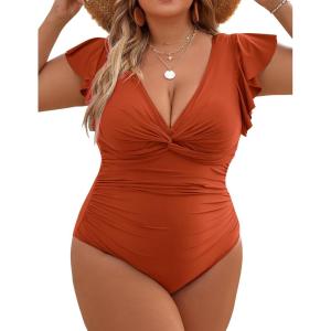 imageBlooming Jelly Womens Tummy Control Bathing Suit One Piece Plus Size Swimsuits Lace Up Back Ruffle Swim Suits 2025Dark Orange