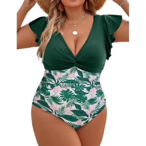 imageBlooming Jelly Womens Tummy Control Bathing Suit One Piece Plus Size Swimsuits Lace Up Back Ruffle Swim Suits 2025Green Floral