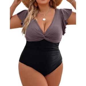 imageBlooming Jelly Womens Tummy Control Bathing Suit One Piece Plus Size Swimsuits Lace Up Back Ruffle Swim Suits 2025Grey Purple  Black