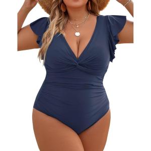 imageBlooming Jelly Womens Tummy Control Bathing Suit One Piece Plus Size Swimsuits Lace Up Back Ruffle Swim Suits 2025Haze Blue