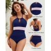 imageBlooming Jelly Womens One Piece Swimsuit Full Coverage Tummy Control Bathing Suits Color Block Halter Swim SuitsNavy Blue