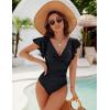 imageBlooming Jelly Womens Tummy Control Swimsuit V Neck One Piece Bathing Suits Slimming Laceup Ruffle SwimwearBlack
