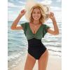 imageBlooming Jelly Womens Tummy Control Swimsuit V Neck One Piece Bathing Suits Slimming Laceup Ruffle SwimwearBlack and Army Green
