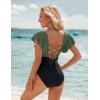 imageBlooming Jelly Womens Tummy Control Swimsuit V Neck One Piece Bathing Suits Slimming Laceup Ruffle SwimwearBlack and Army Green