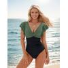 imageBlooming Jelly Womens Tummy Control Swimsuit V Neck One Piece Bathing Suits Slimming Laceup Ruffle SwimwearBlack and Army Green