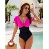 imageBlooming Jelly Womens Tummy Control Swimsuit V Neck One Piece Bathing Suits Slimming Laceup Ruffle SwimwearBlack and Pink