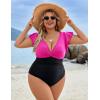 imageBlooming Jelly Womens Tummy Control Swimsuit V Neck One Piece Bathing Suits Slimming Laceup Ruffle SwimwearBlack and Pink