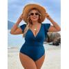 imageBlooming Jelly Womens Tummy Control Swimsuit V Neck One Piece Bathing Suits Slimming Laceup Ruffle SwimwearBlue