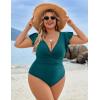 imageBlooming Jelly Womens Tummy Control Swimsuit V Neck One Piece Bathing Suits Slimming Laceup Ruffle SwimwearDark Cyan