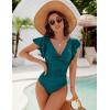 imageBlooming Jelly Womens Tummy Control Swimsuit V Neck One Piece Bathing Suits Slimming Laceup Ruffle SwimwearDark Cyan