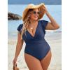 imageBlooming Jelly Womens Tummy Control Swimsuit V Neck One Piece Bathing Suits Slimming Laceup Ruffle SwimwearHaze Blue