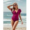 imageBlooming Jelly Womens Tummy Control Swimsuit V Neck One Piece Bathing Suits Slimming Laceup Ruffle SwimwearWine Red