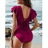 imageBlooming Jelly Womens Tummy Control Swimsuit V Neck One Piece Bathing Suits Slimming Laceup Ruffle SwimwearWine Red