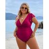 imageBlooming Jelly Womens Tummy Control Swimsuit V Neck One Piece Bathing Suits Slimming Laceup Ruffle SwimwearWine Red