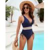 imageBlooming Jelly Womens Tummy Control Swimsuits One Piece Bathing Suit Modest Color Block Drawstring SwimwearNavy Blue