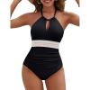 imageBlooming Jelly Womens One Piece Swimsuit Full Coverage Tummy Control Bathing Suits Color Block Halter Swim SuitsBlack