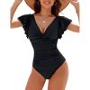 imageBlooming Jelly Womens Tummy Control Swimsuit V Neck One Piece Bathing Suits Slimming Laceup Ruffle SwimwearBlack