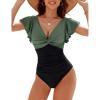 imageBlooming Jelly Womens Tummy Control Swimsuit V Neck One Piece Bathing Suits Slimming Laceup Ruffle SwimwearBlack and Army Green